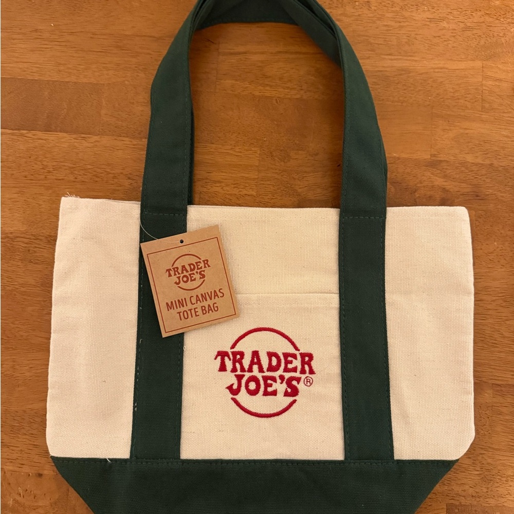 New! Trader Joe's Mini Canvas Tote Bag - forest green and oatmeal